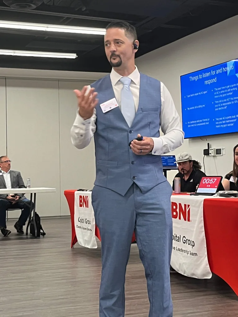 Jason giving an HVAC presentation at a BNI meeting