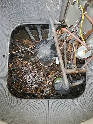 Outdoor condenser cabinet before debris removal